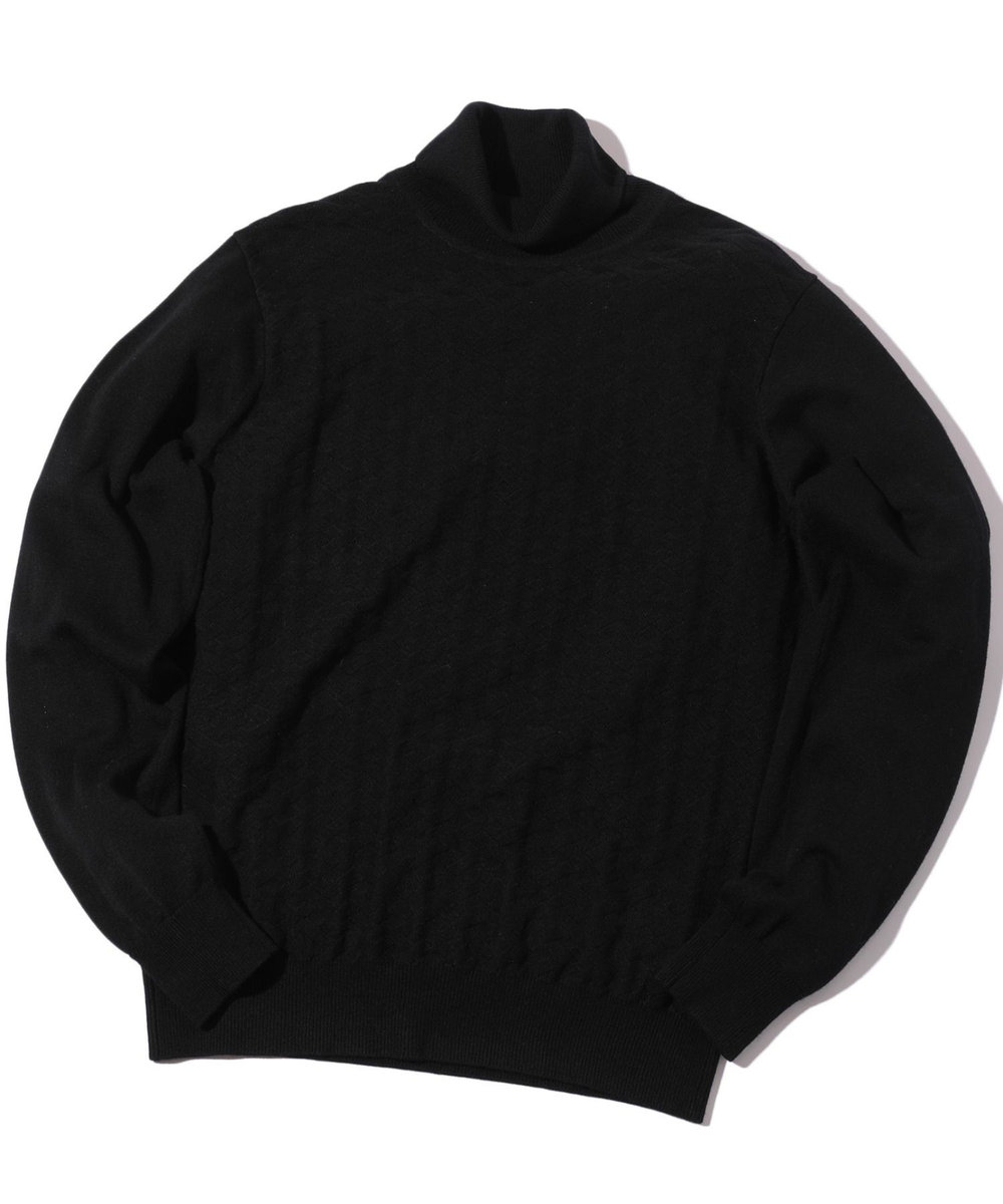 MEN'S BIGI ランダムヘリンボン編み12Gジャカードハイネックニット ブラック