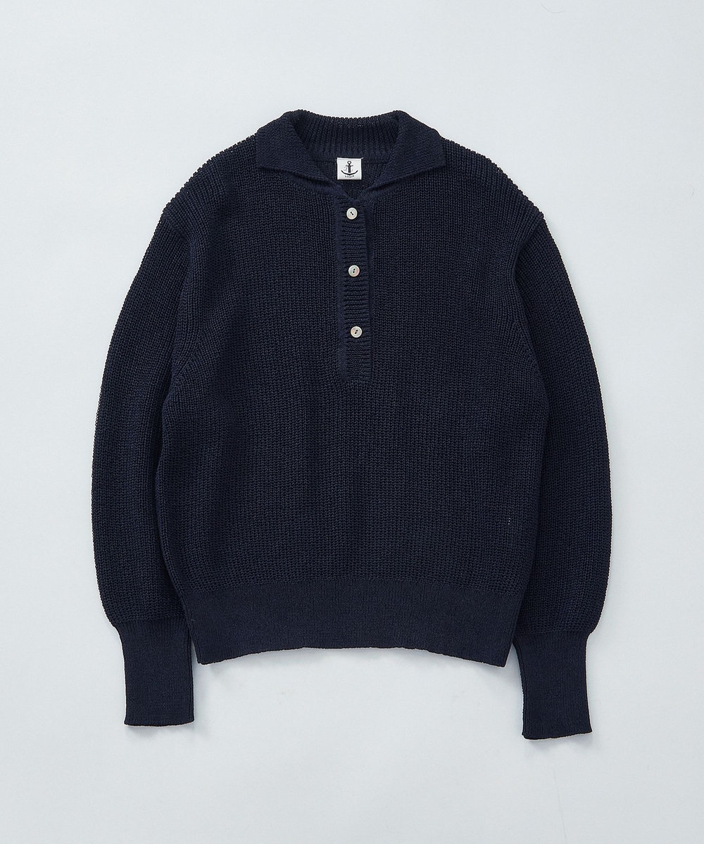 LOISIR エステル和紙片畦編みポロニット ネイビー