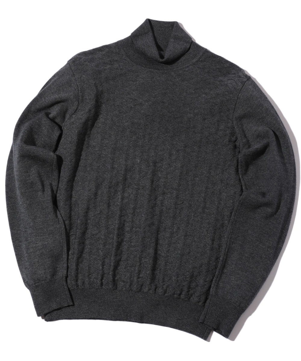 MEN'S BIGI ランダムヘリンボン編み12Gジャカードハイネックニット チャコールグレー