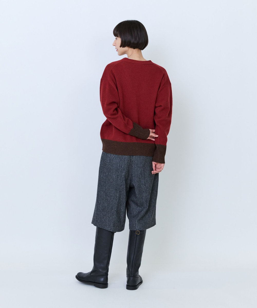 LOISIR ウール天竺配色カーディガン レッド