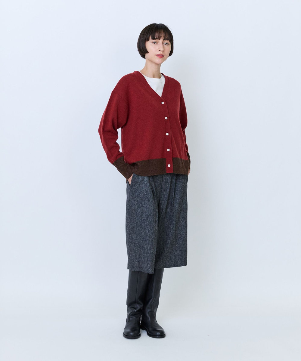 LOISIR ウール天竺配色カーディガン レッド