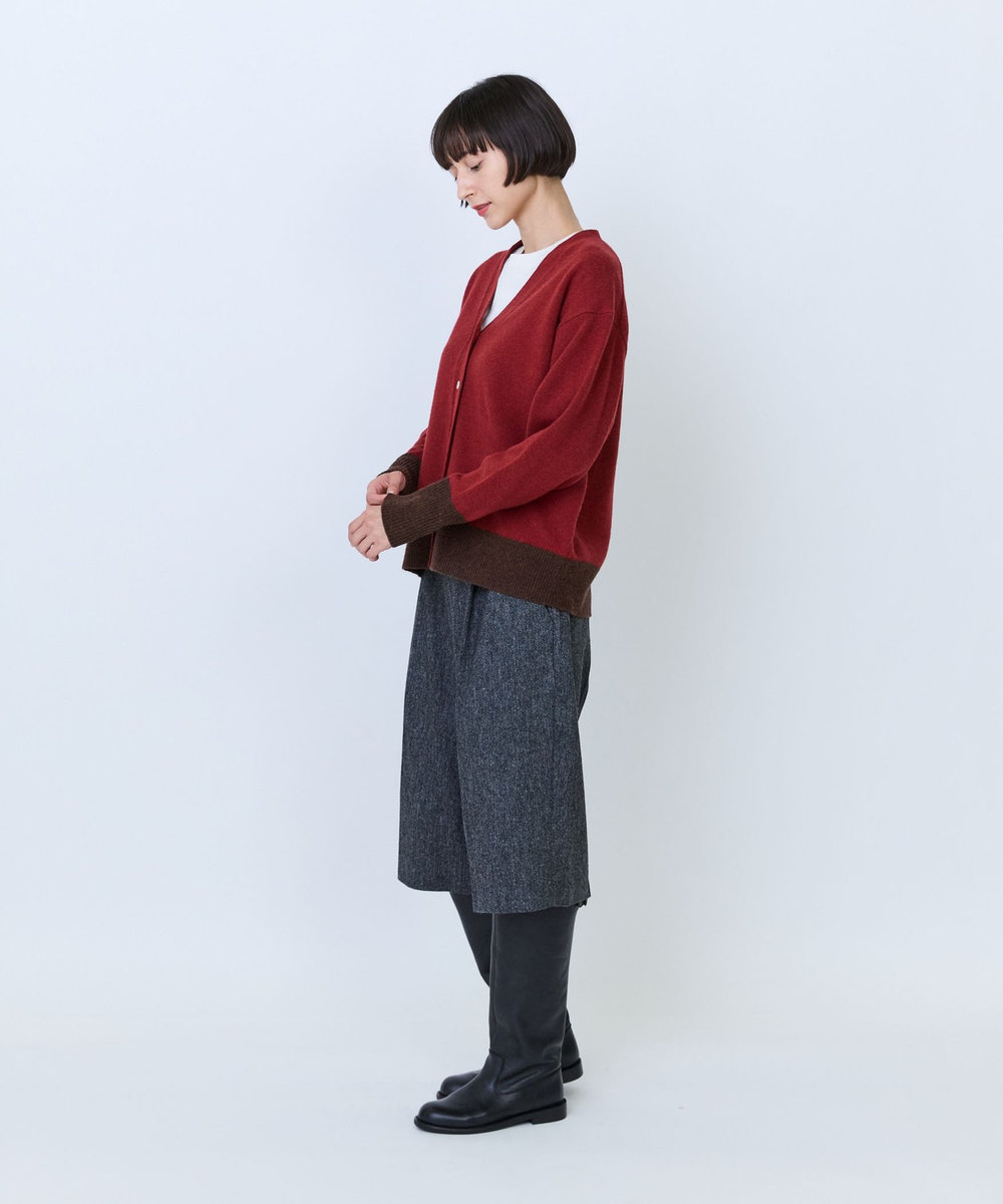 LOISIR ウール天竺配色カーディガン レッド