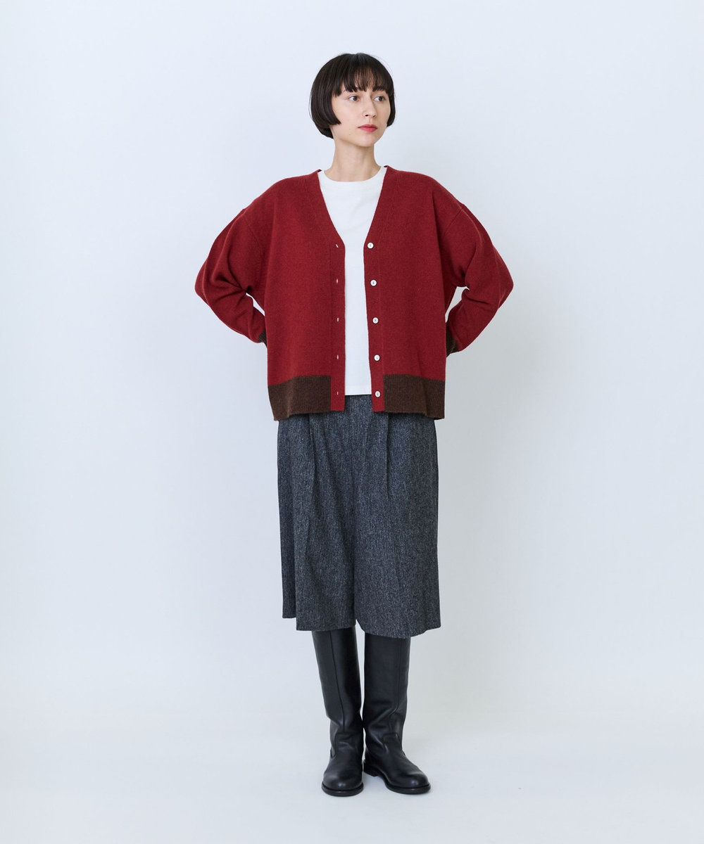 LOISIR ウール天竺配色カーディガン レッド