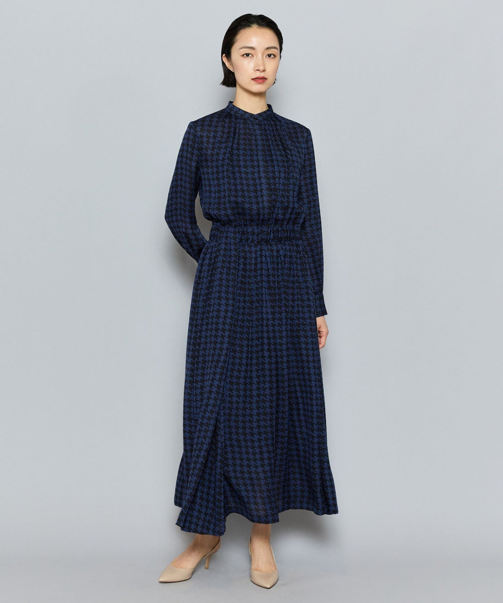 L'EQUIPE COUTURIER シルクジョーゼットハウンドトゥースPtワンピース ネイビー