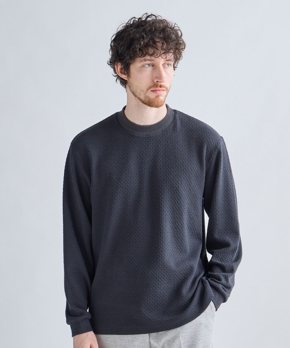 MEN'S BIGI ウール混フクレジャカード モックネックロングTEE［ストレッチ］ チャコールグレー