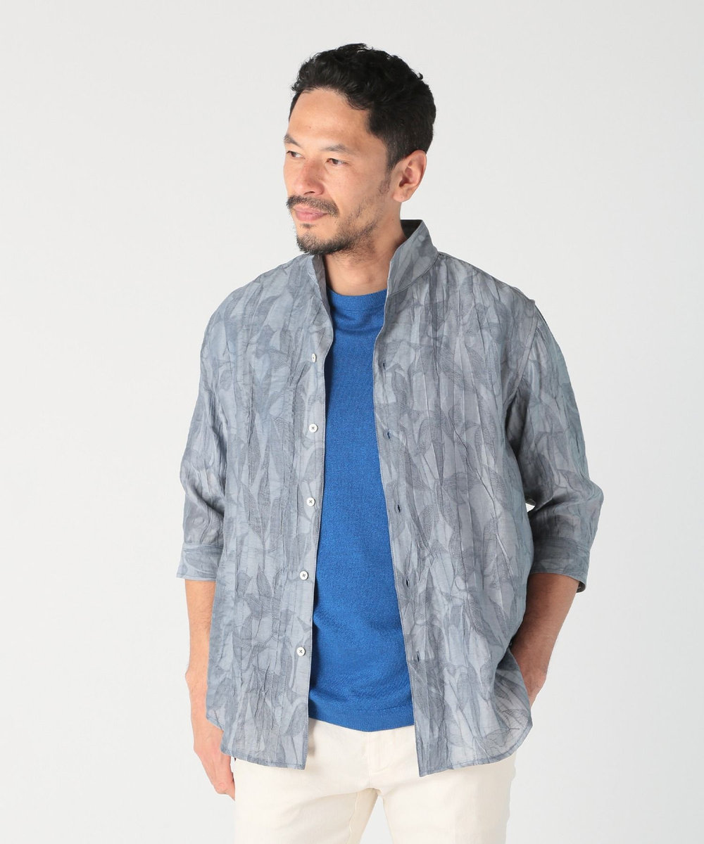 MEN'S BIGI 総柄シアージャカード7分袖オープンカラーシャツ ブルー