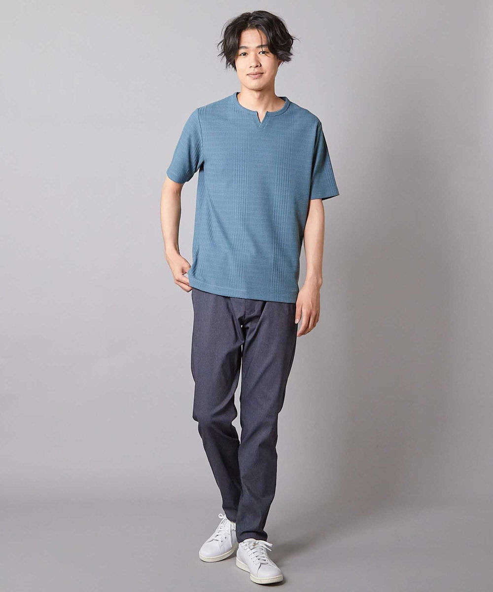 UNION STATION リンクスジャガード キーネックTシャツ ブルー