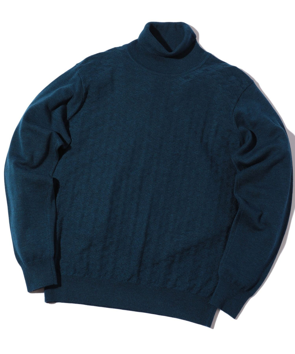 MEN'S BIGI ランダムヘリンボン編み12Gジャカードハイネックニット エメラルド