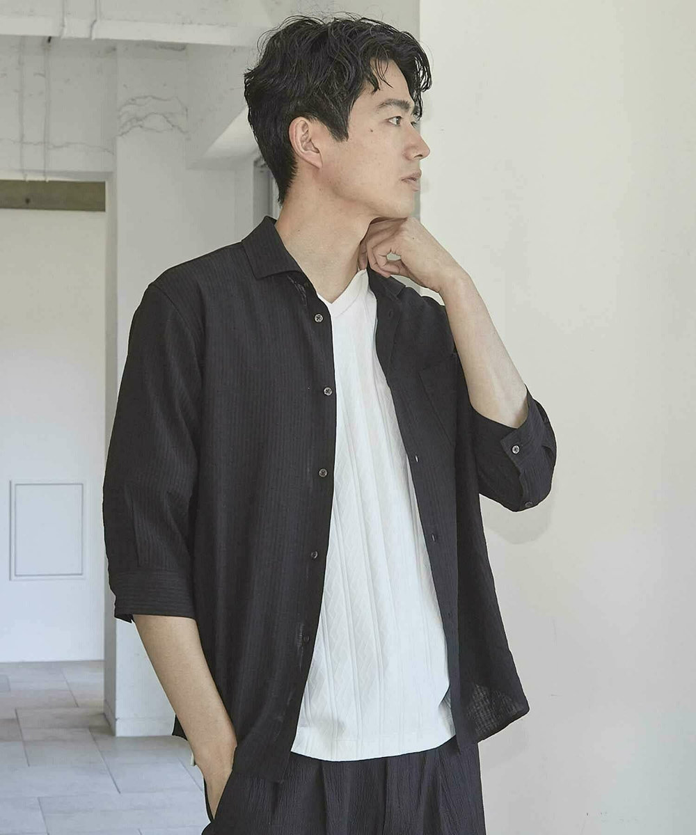 UNION STATION タックストライプローン7分袖シャツ ブラック