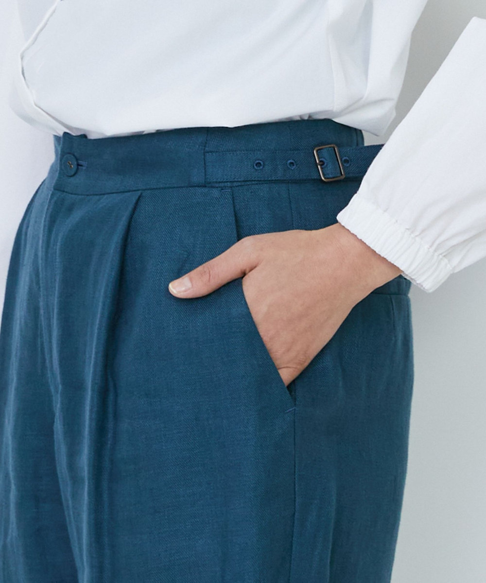 LOISIR リネンツイルアジャスター付きテーパードパンツ グリーン