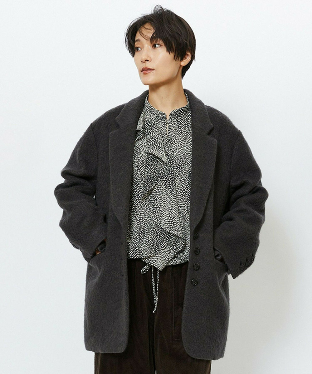feerique feerique モヘアシャギーテーラードコート チャコールグレー