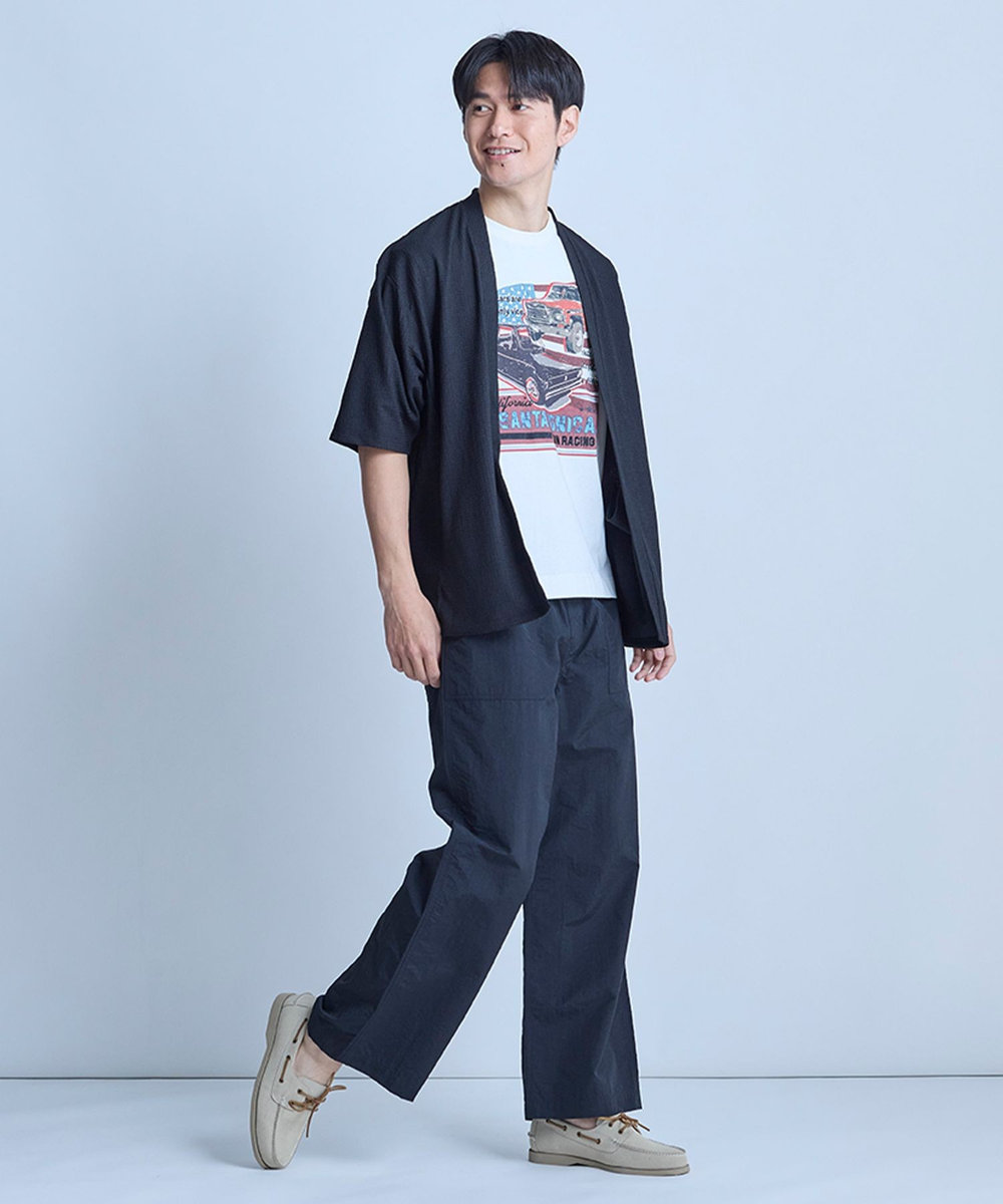 UNION STATION 【WEB限定】シア―5分袖ボタンレスカーディガン＜ストレッチ・ハンドウォッシャブル・接触冷感・通気性＞ ブラック