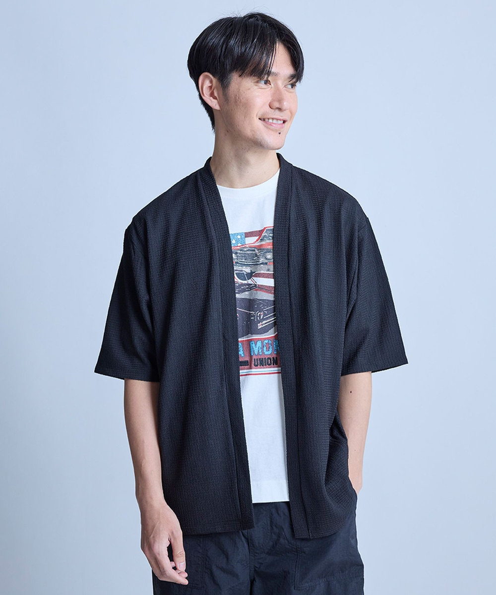 UNION STATION 【WEB限定】シア―5分袖ボタンレスカーディガン＜ストレッチ・ハンドウォッシャブル・接触冷感・通気性＞ ブラック
