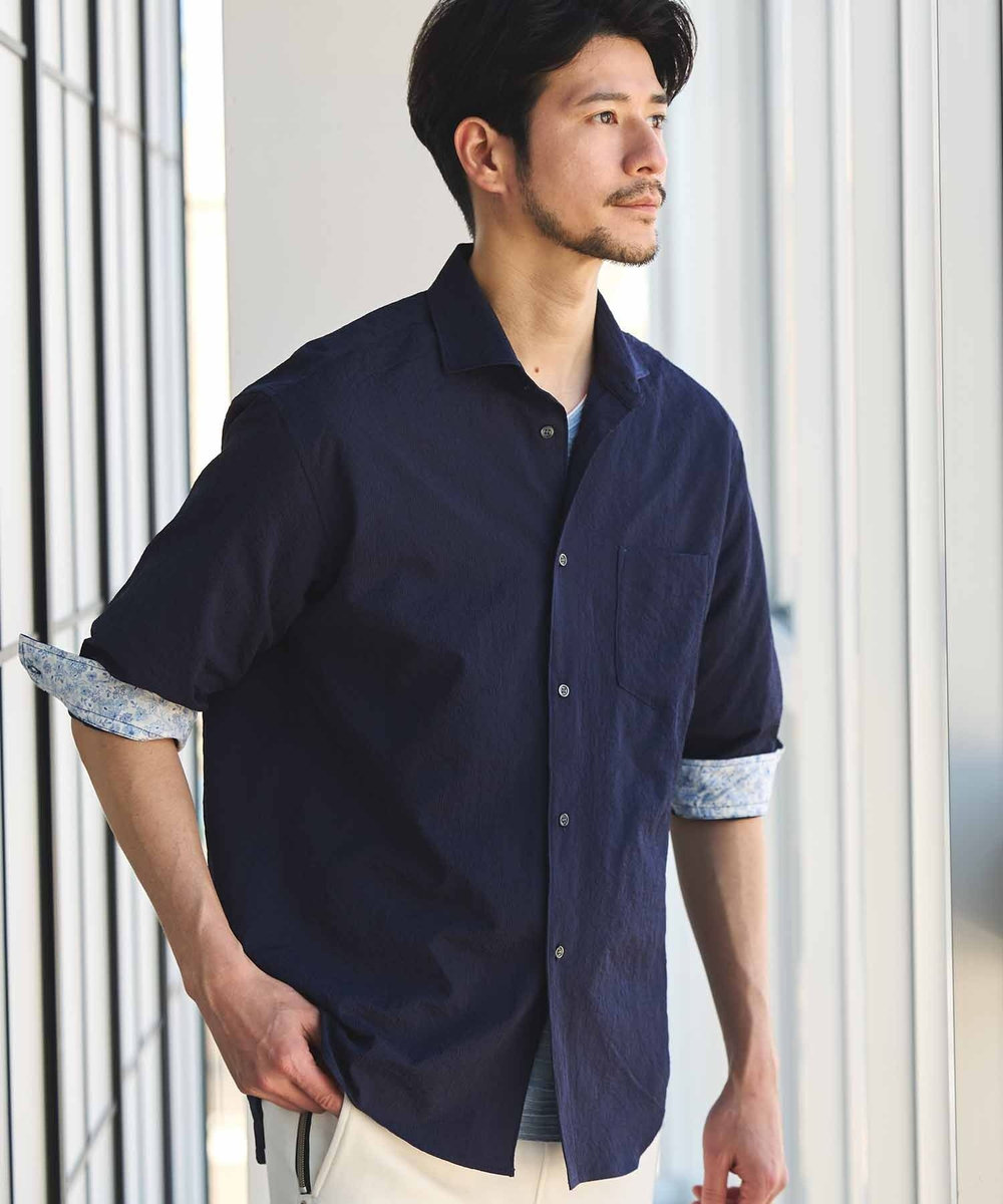 UNION STATION ナチュラルストレッチワッシャー七分袖ワイドカラーシャツ ネイビー