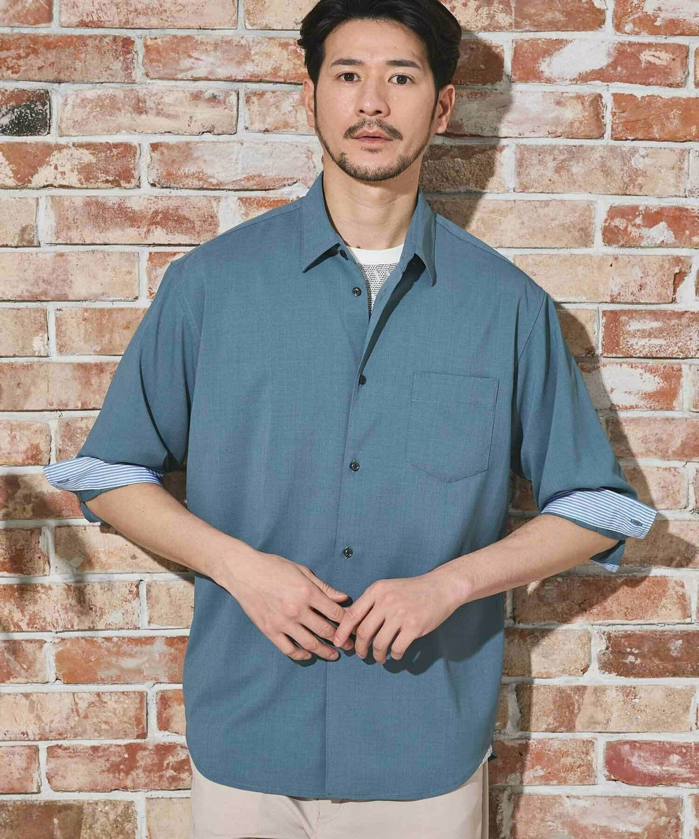 UNION STATION ストレッチカチオン七分袖シャツ ライトブルー