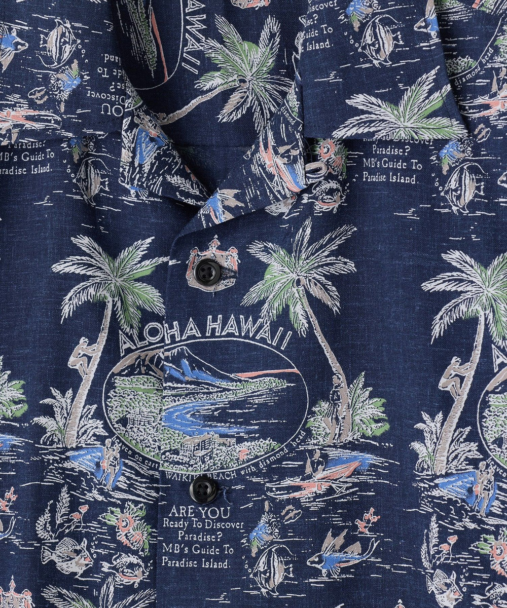 MEN'S BIGI レーヨンリネン 復刻プリントアロハシャツ ネイビー