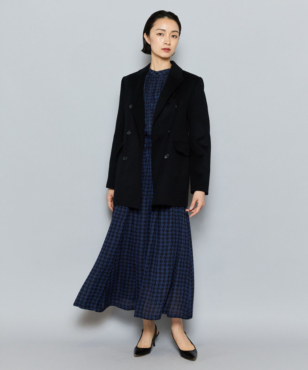 L'EQUIPE COUTURIER シルクジョーゼットハウンドトゥースPtワンピース ネイビー