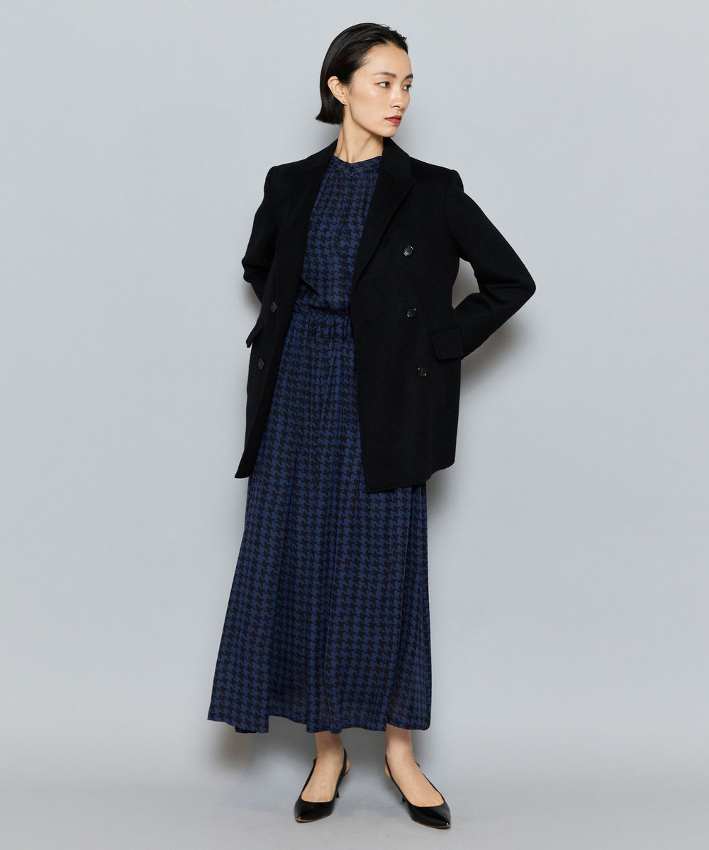 L'EQUIPE COUTURIER シルクジョーゼットハウンドトゥースPtワンピース ネイビー