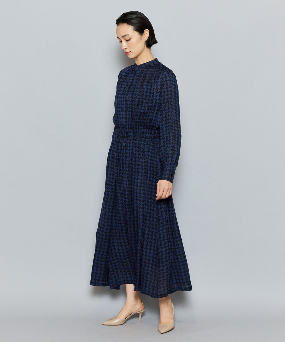 L'EQUIPE COUTURIER シルクジョーゼットハウンドトゥースPtワンピース ネイビー