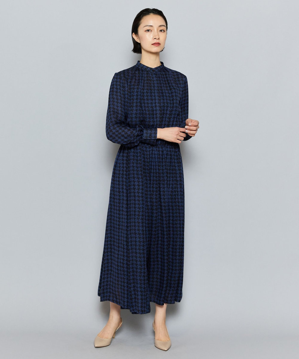 L'EQUIPE COUTURIER シルクジョーゼットハウンドトゥースPtワンピース ネイビー