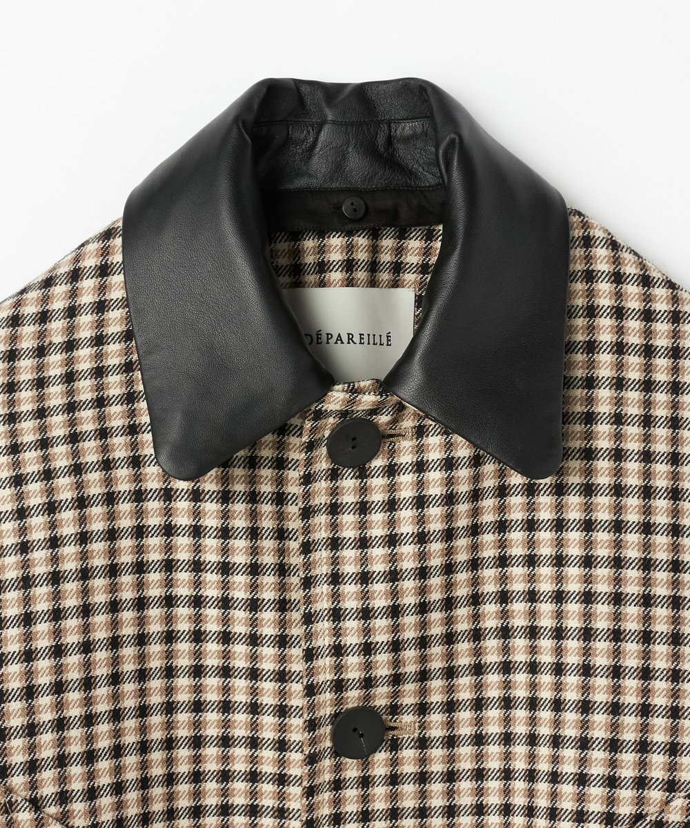 DÉPAREILLÉ WOOL CHECK LEATHER COLLAR BLOUSON / ウールチェックレザーカラーブルゾン ブラウン系その他