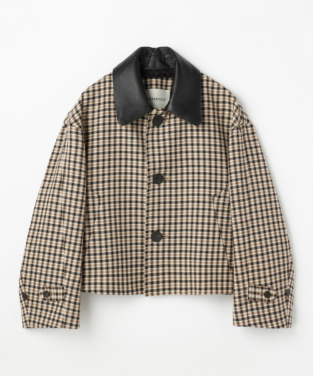 DÉPAREILLÉ WOOL CHECK LEATHER COLLAR BLOUSON / ウールチェックレザーカラーブルゾン ブラウン系その他