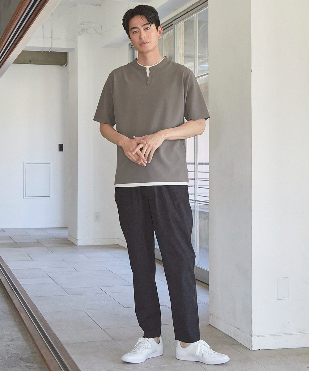 UNION STATION ふくれジャガード フェイクレイヤードキーネックT グレー