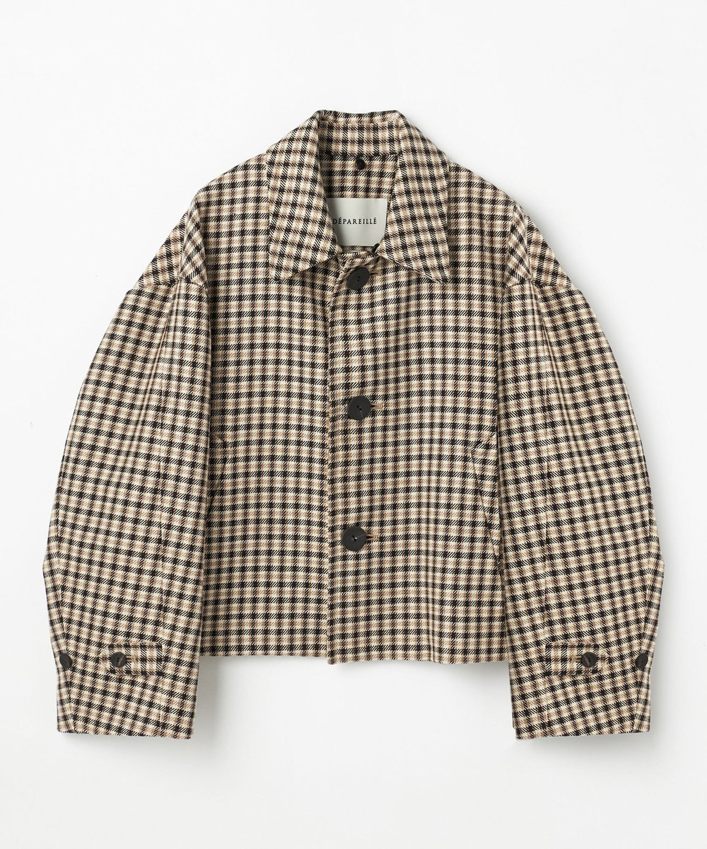DÉPAREILLÉ WOOL CHECK LEATHER COLLAR BLOUSON / ウールチェックレザーカラーブルゾン ブラウン系その他