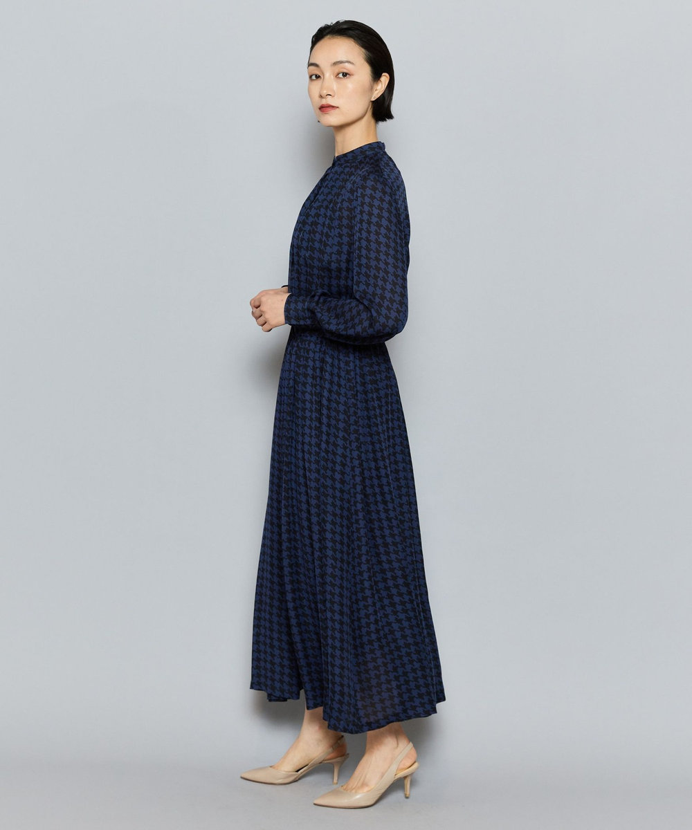 L'EQUIPE COUTURIER シルクジョーゼットハウンドトゥースPtワンピース ネイビー