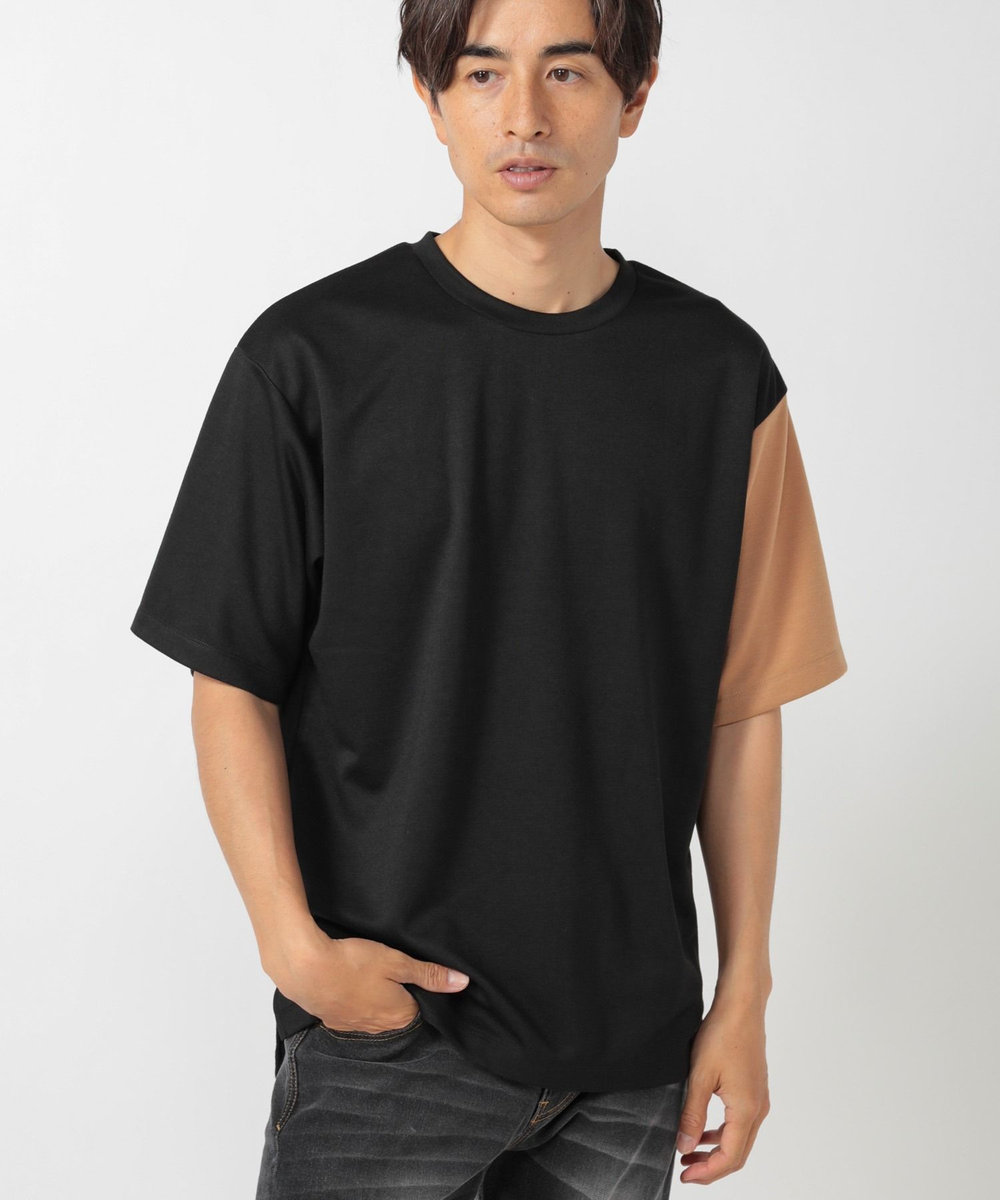 UNION STATION ポンチ切り替えアシンメトリーTシャツ ブラック