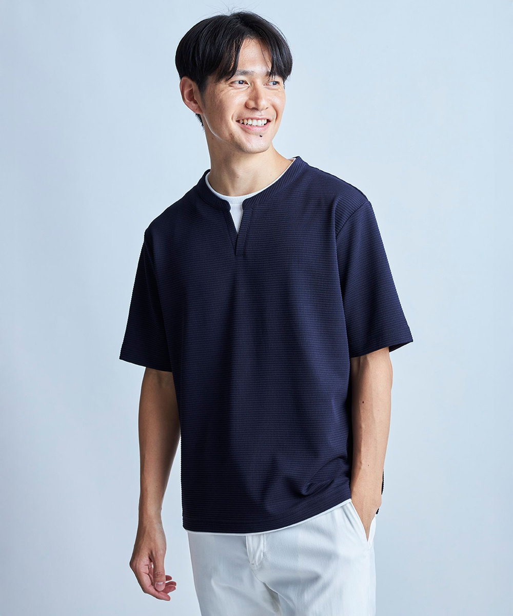 UNION STATION 	ミニワッフルキーネックレイヤードTシャツ ネイビー