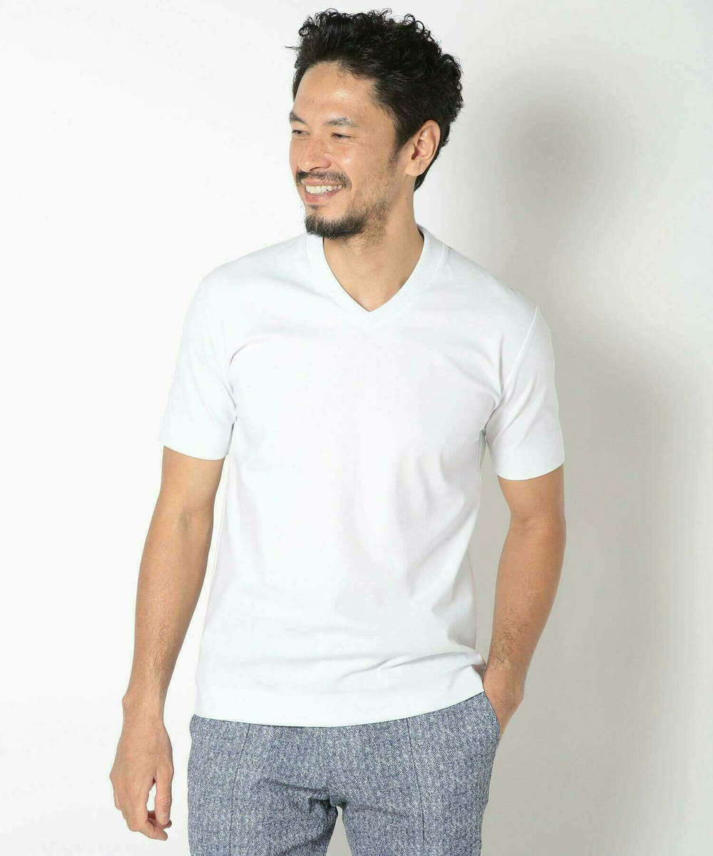 MEN'S BIGI 【ACTIVE TAILOR/アクティブテイラー】シルケットスムースVネックTシャツ＜接触冷感 / UVカット＞ ホワイト