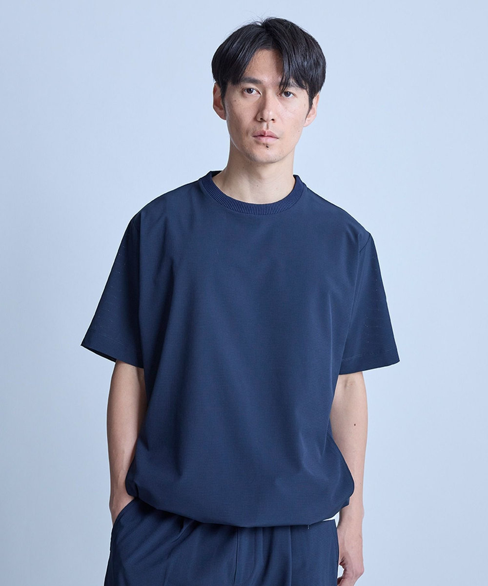 UNION STATION ドットメッシュドローコードTシャツ〈ストレッチ・マシンウォッシャブル・軽量・接触冷感・通気性〉 ネイビー