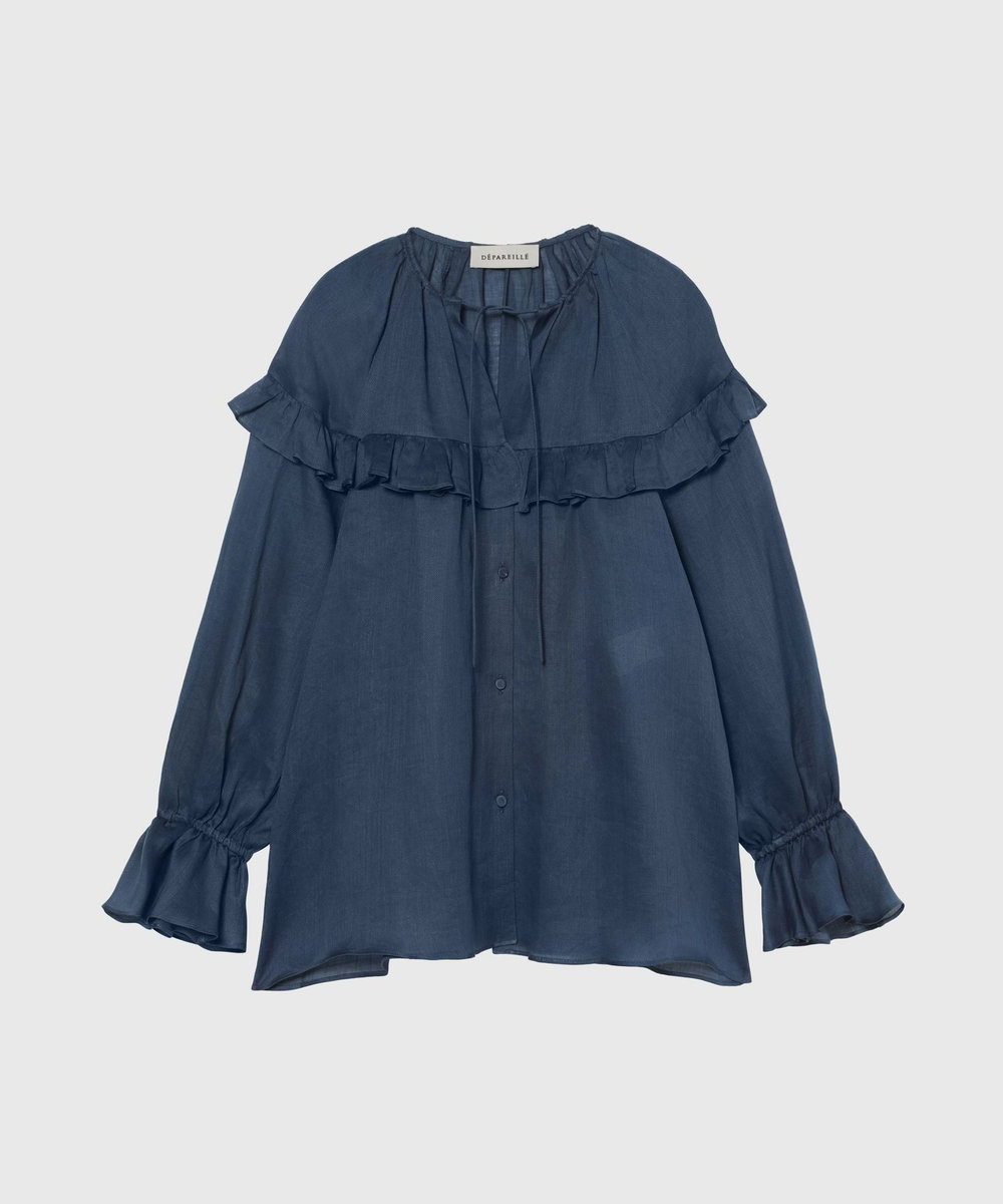 DÉPAREILLÉ RAMIE TWILL RUFFLE BLOUSE / ラミーツイルラッフルブラウス ネイビー