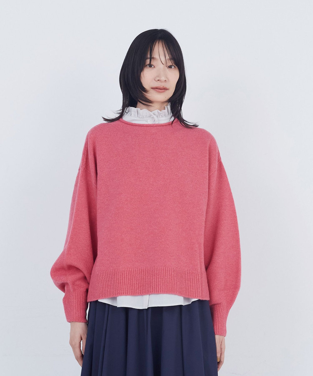 ADIEU TRISTESSE ロールカラーパフスリーブニット ピンク