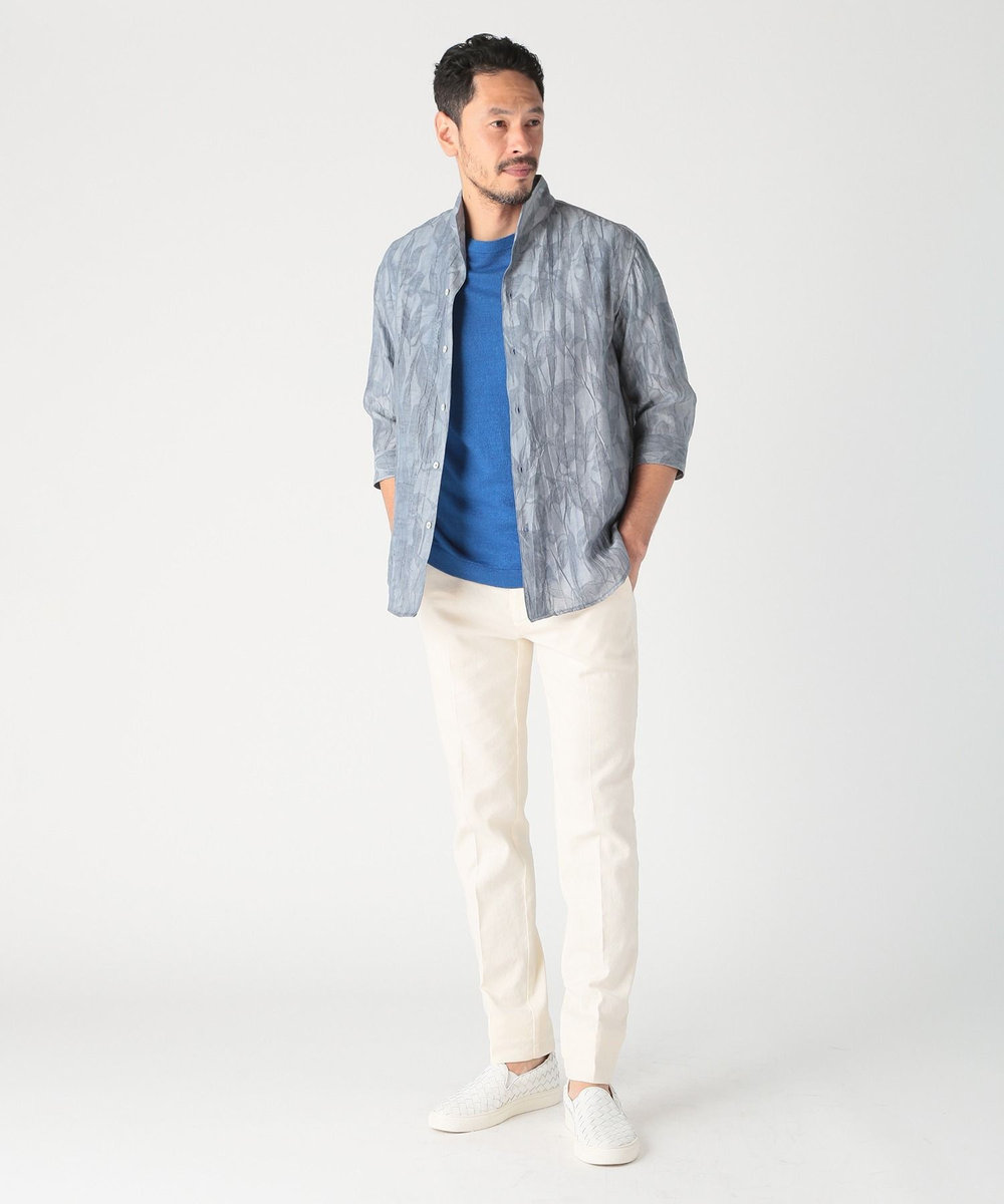 MEN'S BIGI 総柄シアージャカード7分袖オープンカラーシャツ ブルー