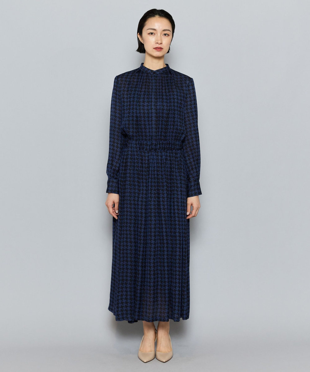 L'EQUIPE COUTURIER シルクジョーゼットハウンドトゥースPtワンピース ネイビー