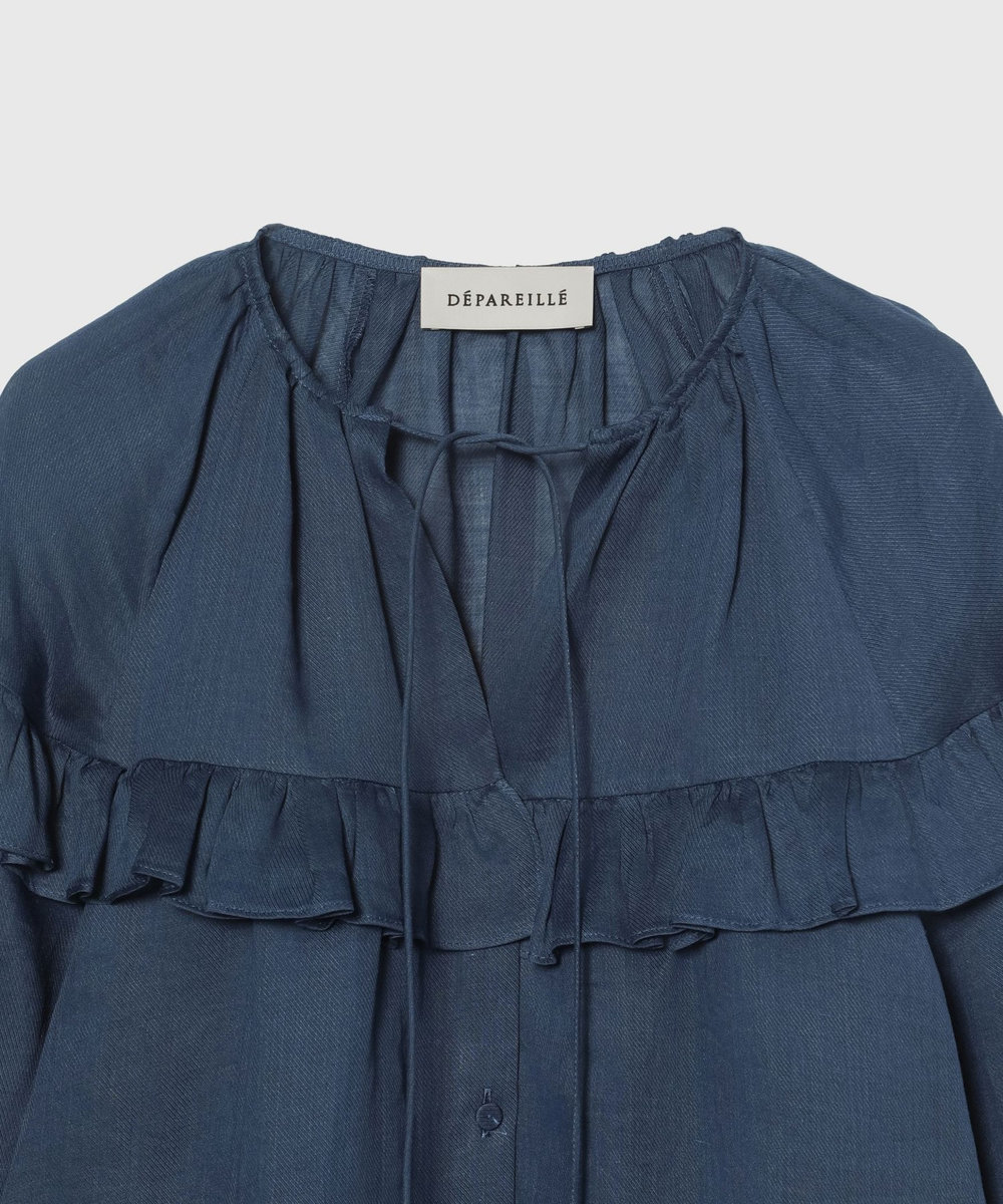 DÉPAREILLÉ RAMIE TWILL RUFFLE BLOUSE / ラミーツイルラッフルブラウス ネイビー