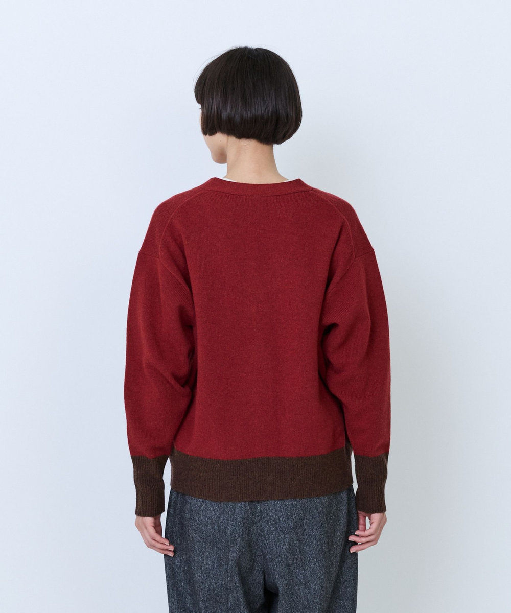 LOISIR ウール天竺配色カーディガン レッド