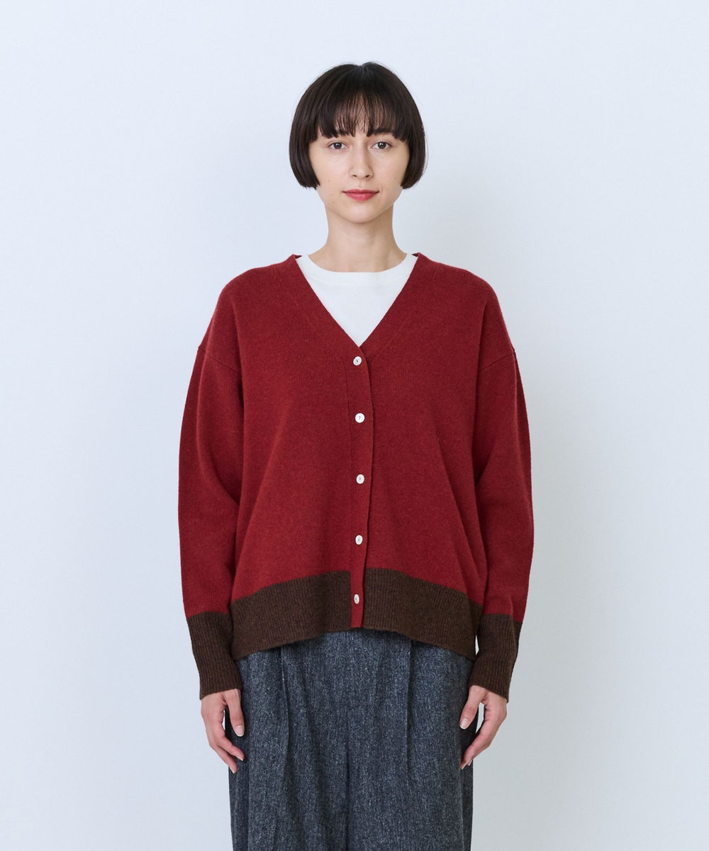 LOISIR ウール天竺配色カーディガン レッド