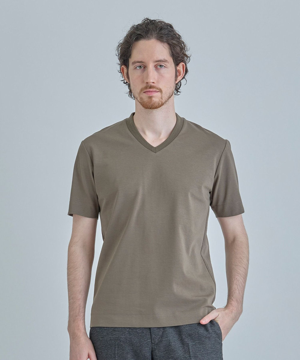 MEN'S BIGI 【ACTIVE TAILOR/アクティブテイラー】シルケットスムースVネックTシャツ＜接触冷感 / UVカット＞ ブラウン