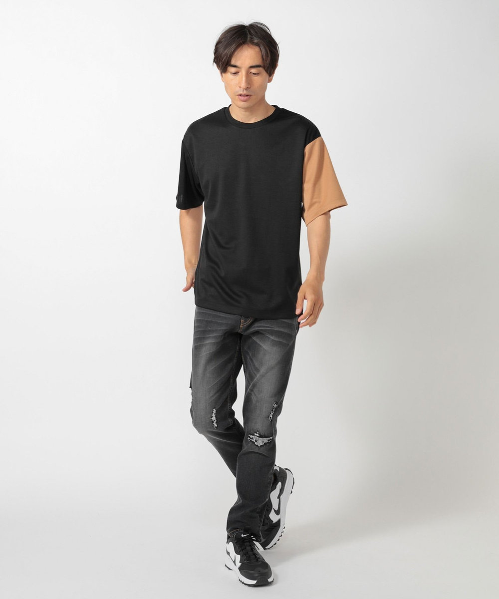UNION STATION ポンチ切り替えアシンメトリーTシャツ ブラック