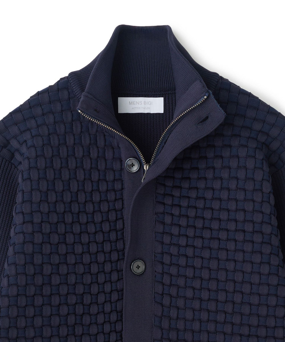 MEN'S BIGI Amossa ブロックチェック フロントジップカーディガン ネイビー
