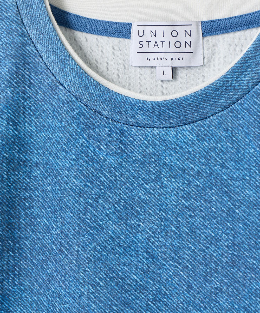 UNION STATION フェイクレイヤードデニム調プリントT＜ストレッチ・速乾・ハンドウォッシャブル・接触冷感＞ ネイビー