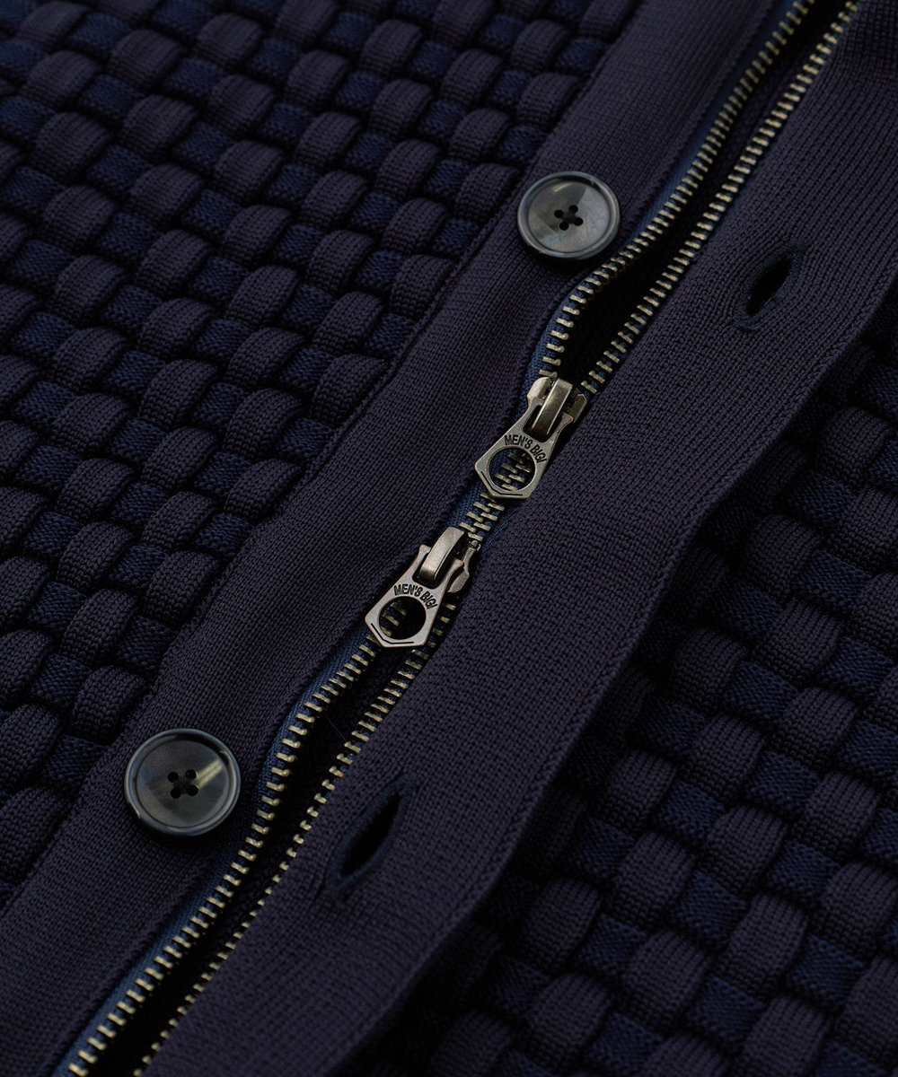 MEN'S BIGI Amossa ブロックチェック フロントジップカーディガン ネイビー