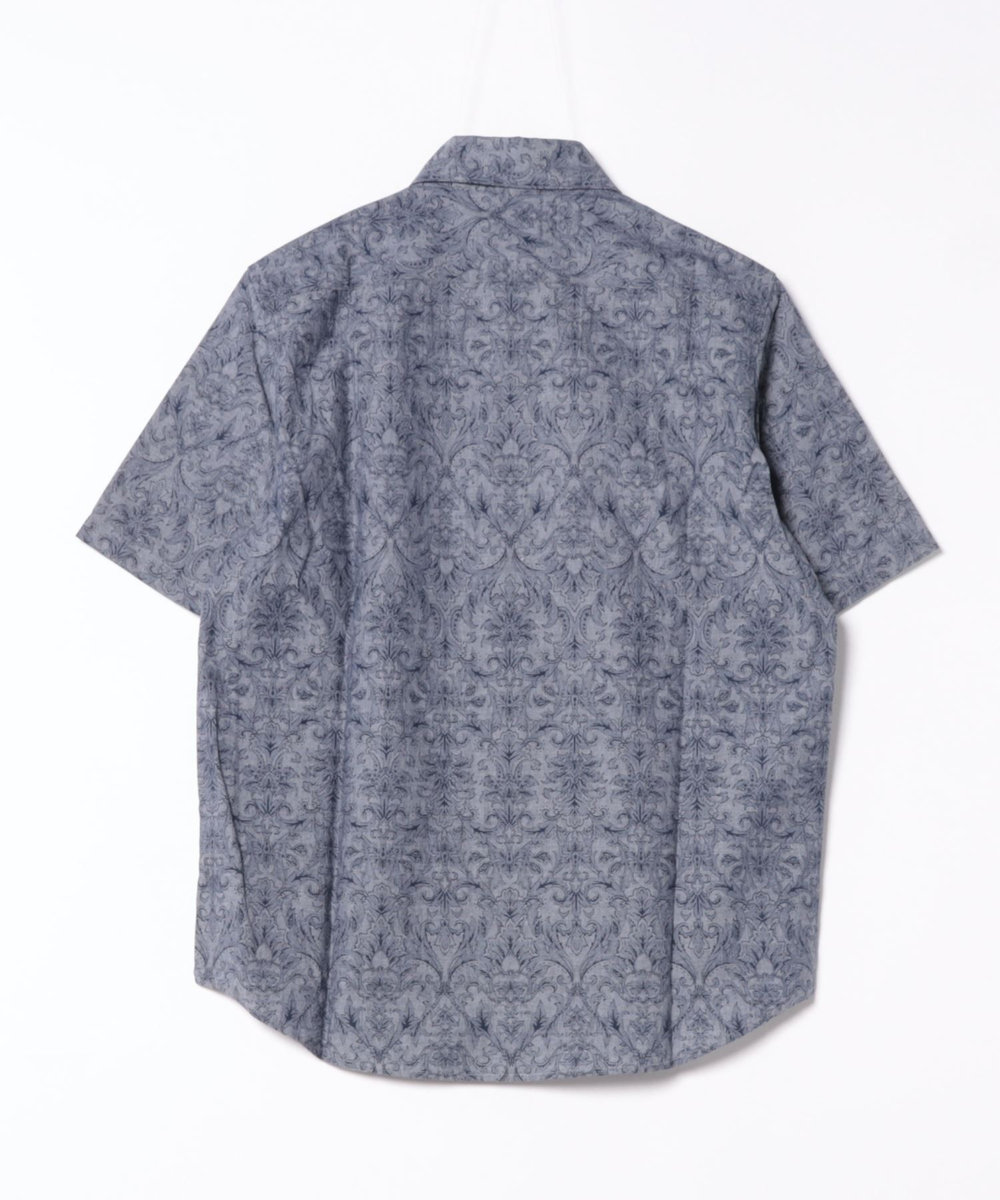 MEN'S BIGI コットンダンガリーエスニックプリント半袖シャツ ネイビー
