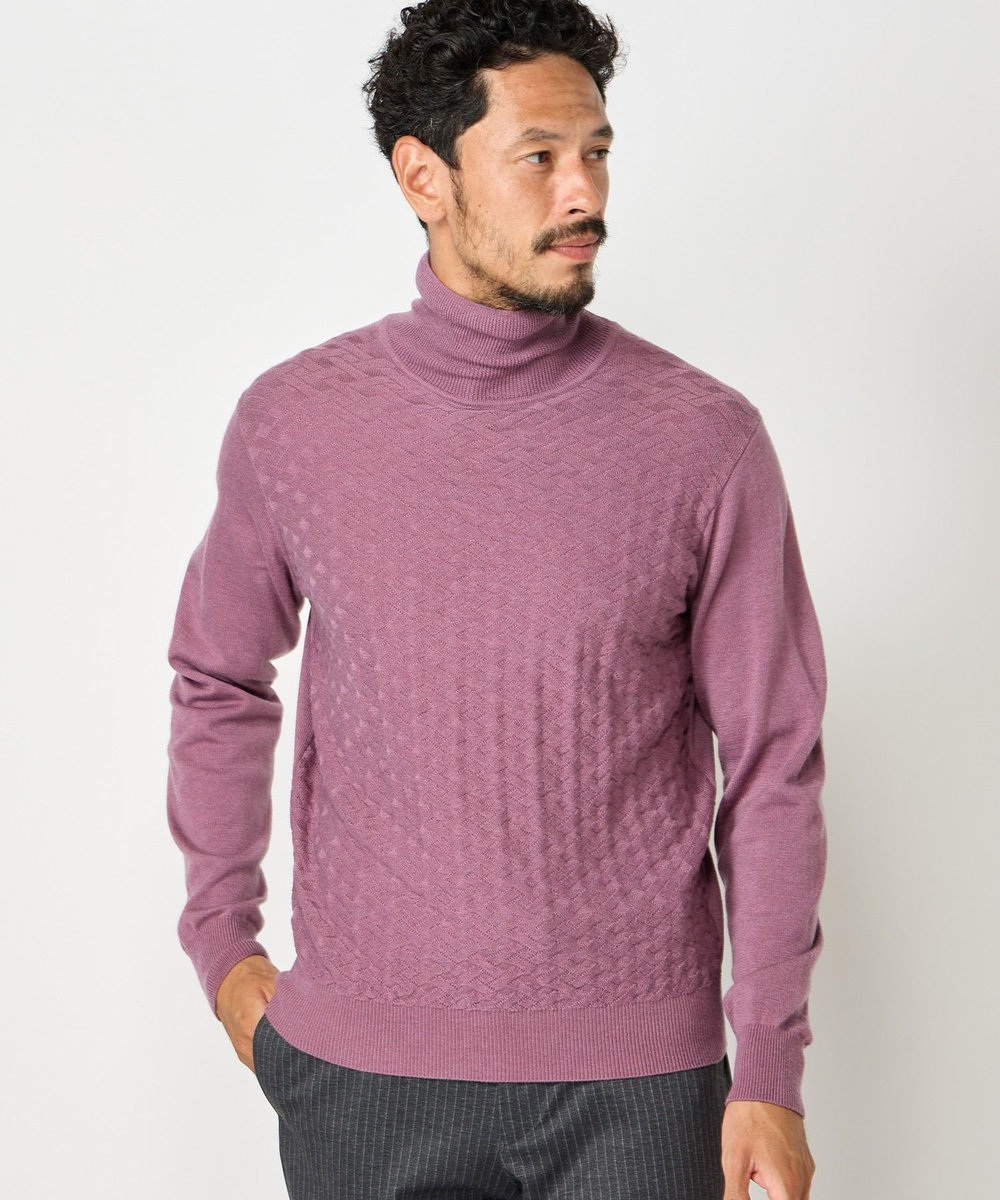 MEN'S BIGI ランダムヘリンボン編み12Gジャカードハイネックニット パープル系その他