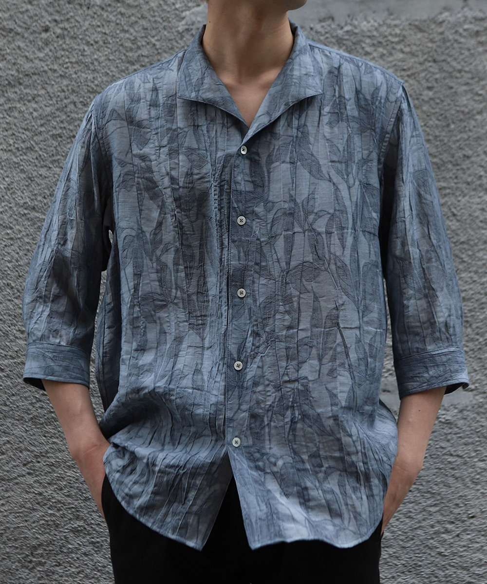 MEN'S BIGI 総柄シアージャカード7分袖オープンカラーシャツ ブルー
