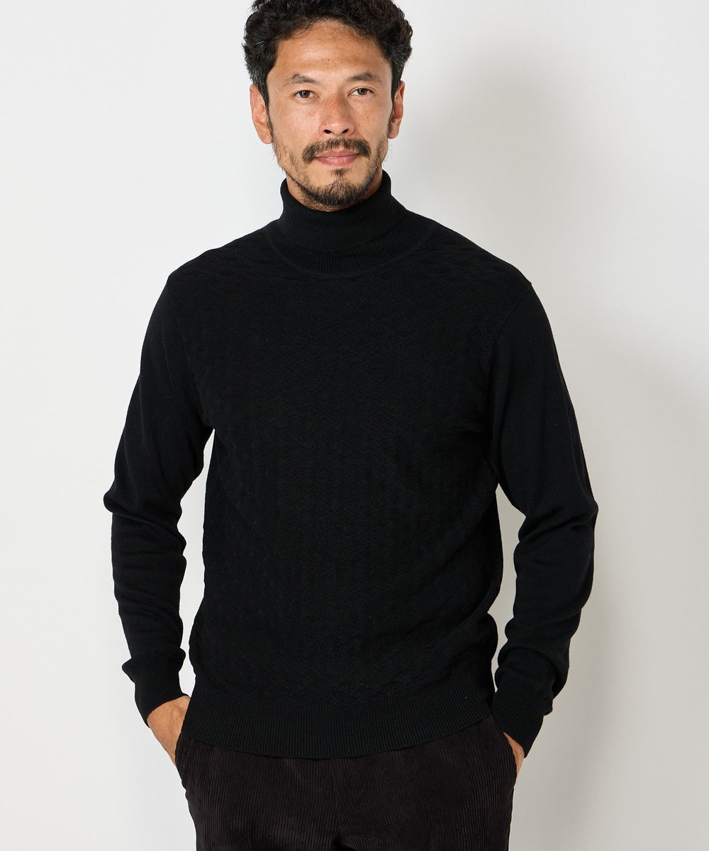 MEN'S BIGI ランダムヘリンボン編み12Gジャカードハイネックニット ブラック