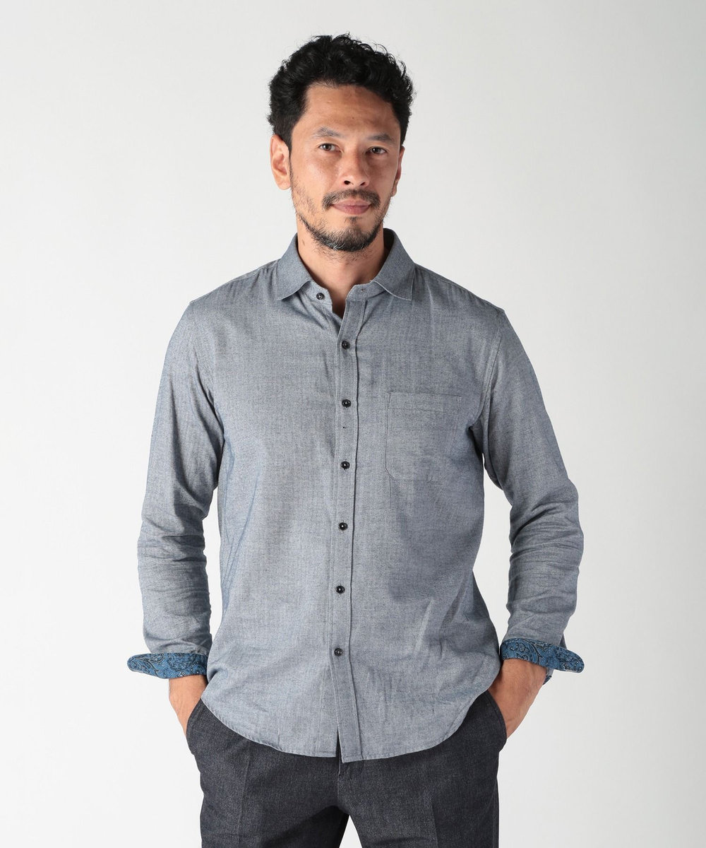 MEN'S BIGI コットンカシミアヘリンボーンシャツ ネイビー